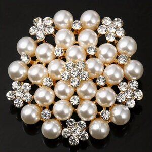 Cute Korean Style Faux Pearl Sparkling Floral Rhinestone Party Brooch Pin 1.57"